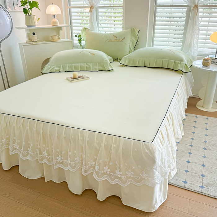 柔享家 2025新款法式双层花边蕾丝花边床裙-恩格斯（有同款四件套） 米黄+嫩绿