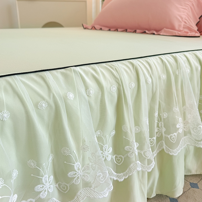 91家纺网 家纺一手货源 找家纺 柔享家 2025新款法式双层花边蕾丝花边床裙-恩格斯（有同款四件套） 嫩绿+粉玉