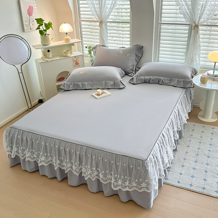 91家纺网 家纺一手货源 找家纺 柔享家 2025新款法式双层花边蕾丝花边床裙-恩格斯（有同款四件套） 浅灰