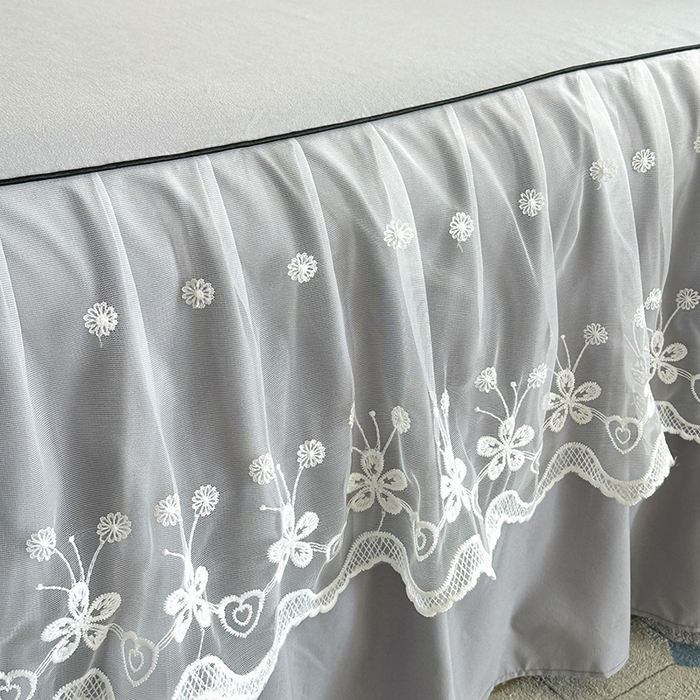 91家纺网 家纺一手货源 找家纺 柔享家 2025新款法式双层花边蕾丝花边床裙-恩格斯（有同款四件套） 浅灰