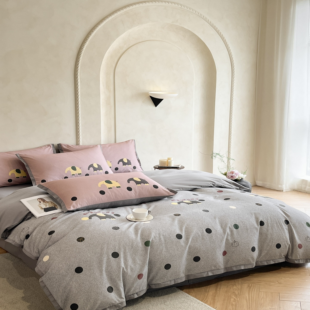 91家纺网 家纺一手货源 找家纺 柠馨2025全棉磨毛印花四件套精致小边款 波点小象