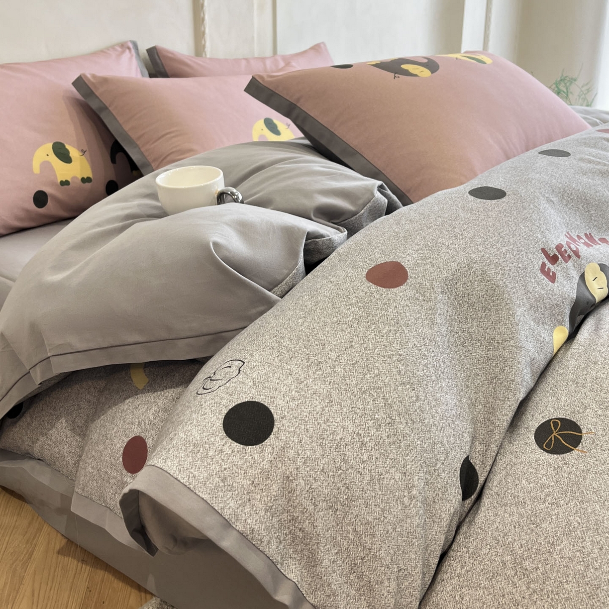 柠馨2025全棉磨毛印花四件套精致小边款 波点小象