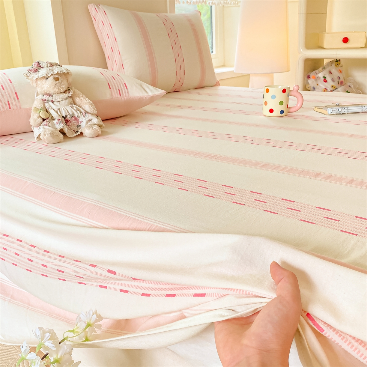 91家纺网 家纺一手货源 找家纺 灰鲸 2025新款全棉色织提花单品床单 素瑾-粉