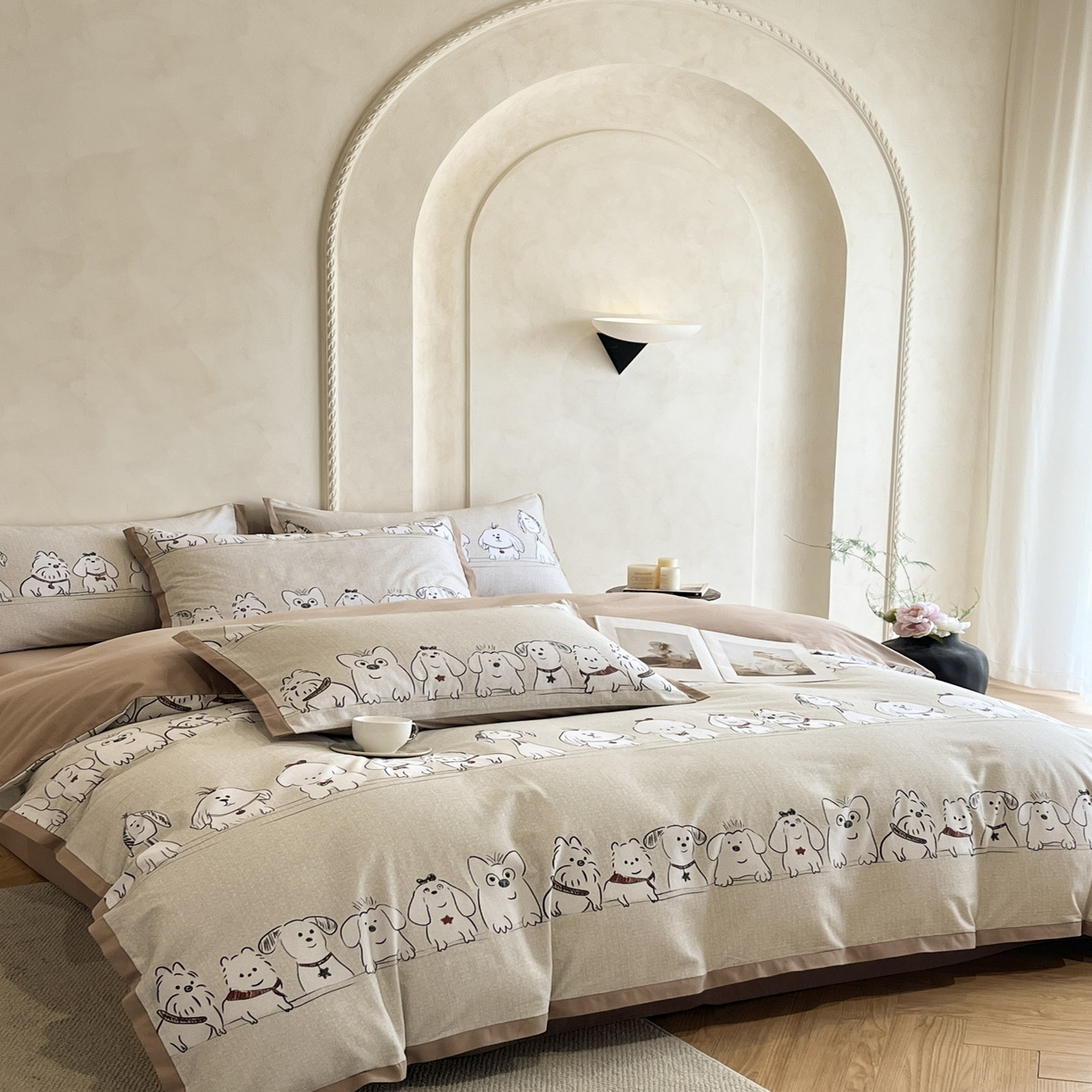 91家纺网 家纺一手货源 找家纺 柠馨2025全棉磨毛印花四件套精致小边款 排排狗