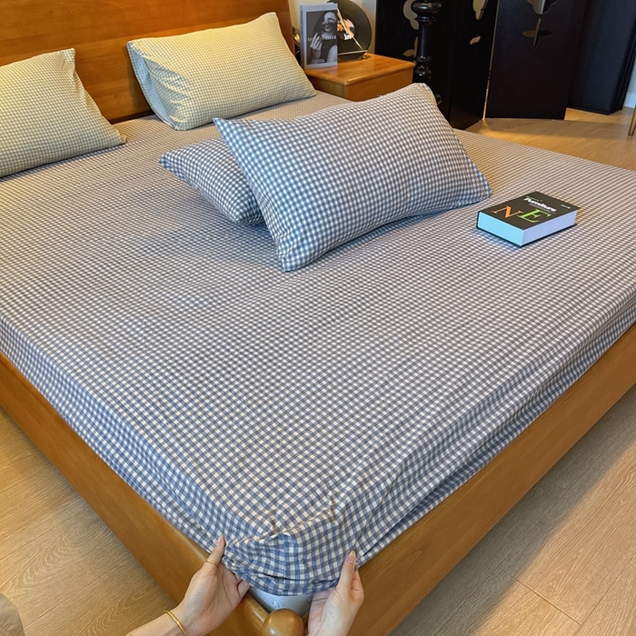 91家纺网 家纺一手货源 找家纺 兜米家居 2025新款简约轻氧水洗色织棉床笠 小格灰