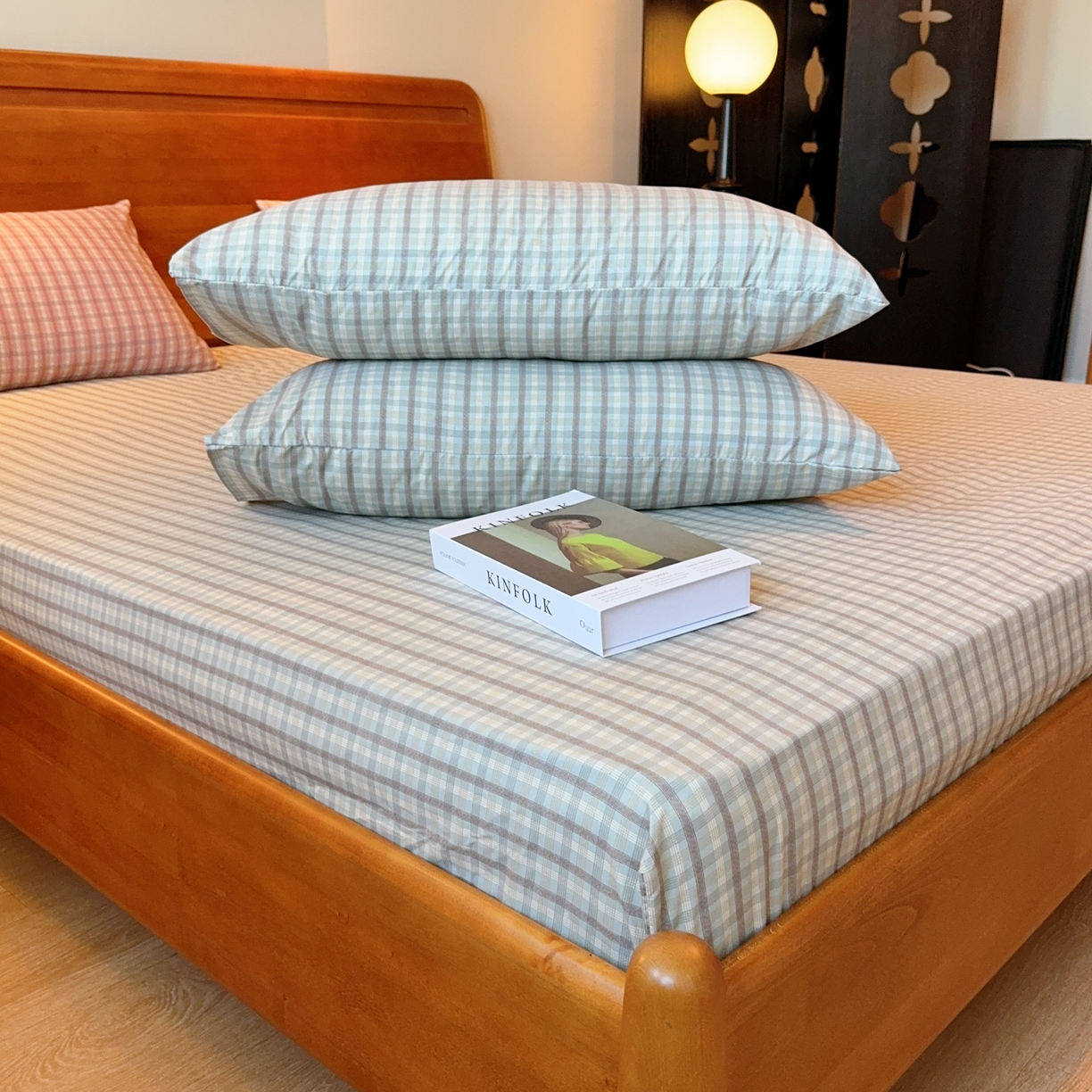 91家纺网 家纺一手货源 找家纺 兜米家居 2025新款简约轻氧水洗色织棉床笠 格纹绿