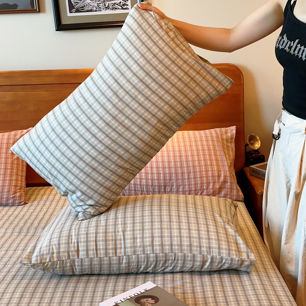 91家纺网 家纺一手货源 找家纺 兜米家居 2025新款简约轻氧水洗色织棉床笠 格纹绿