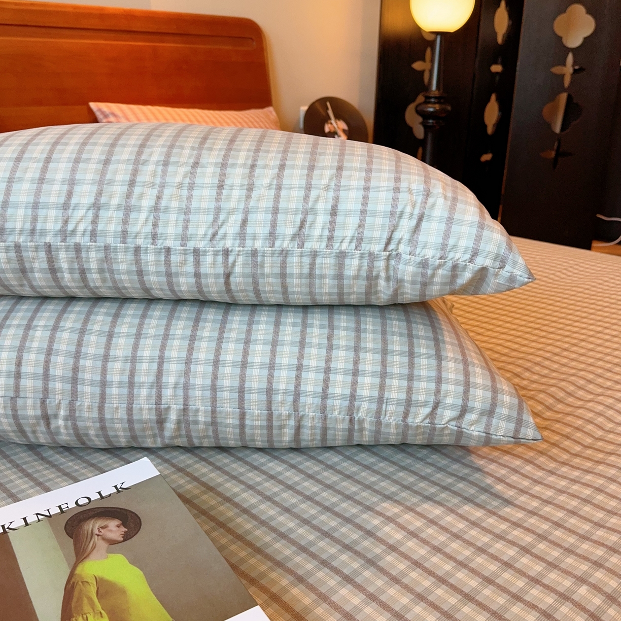 91家纺网 家纺一手货源 找家纺 兜米家居 2025新款简约轻氧水洗色织棉床笠 格纹绿