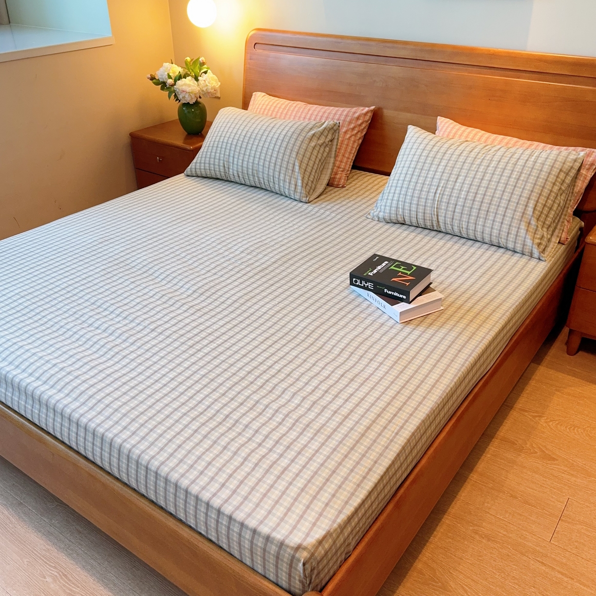 91家纺网 家纺一手货源 找家纺 兜米家居 2025新款简约轻氧水洗色织棉床笠 格纹绿