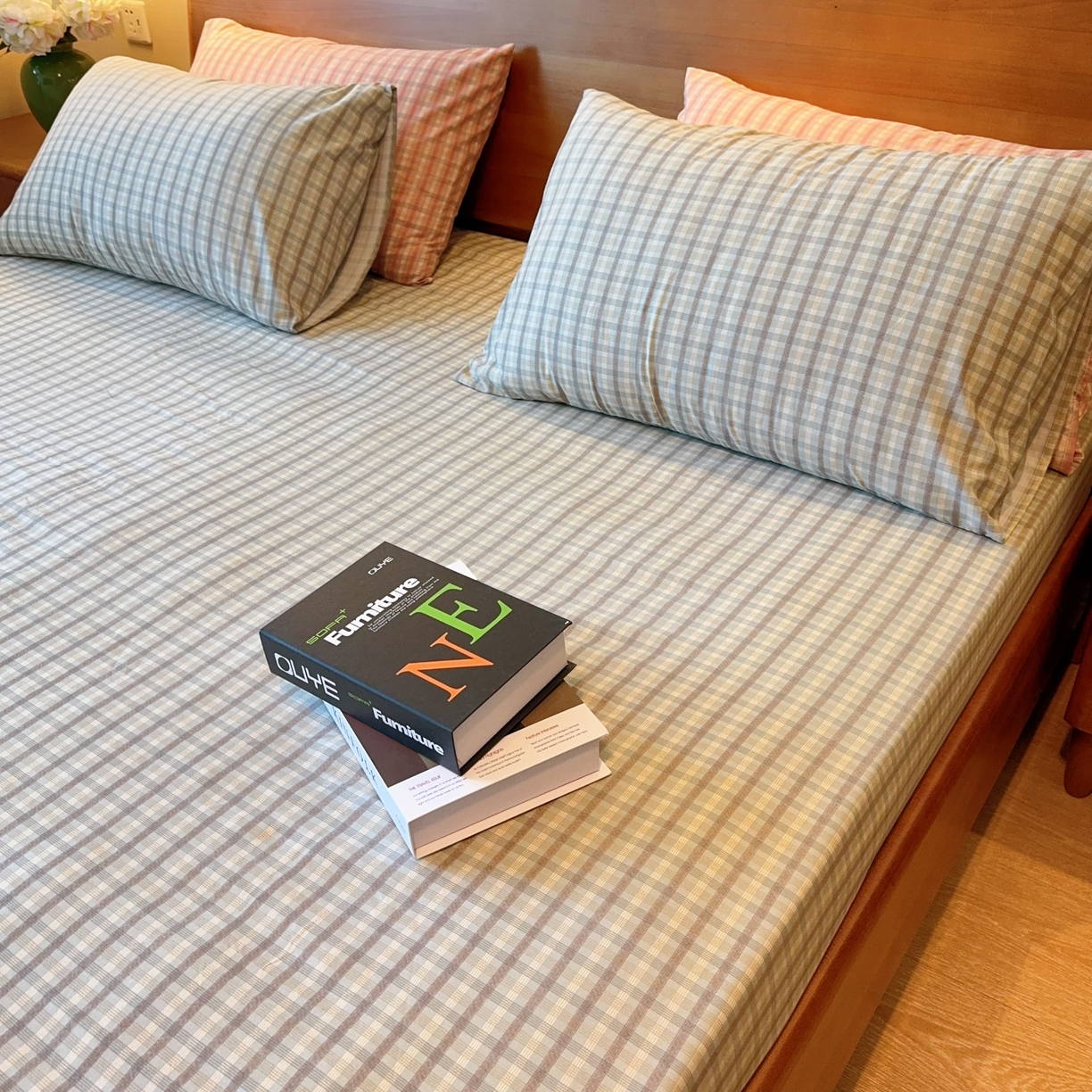 91家纺网 家纺一手货源 找家纺 兜米家居 2025新款简约轻氧水洗色织棉床笠 格纹绿