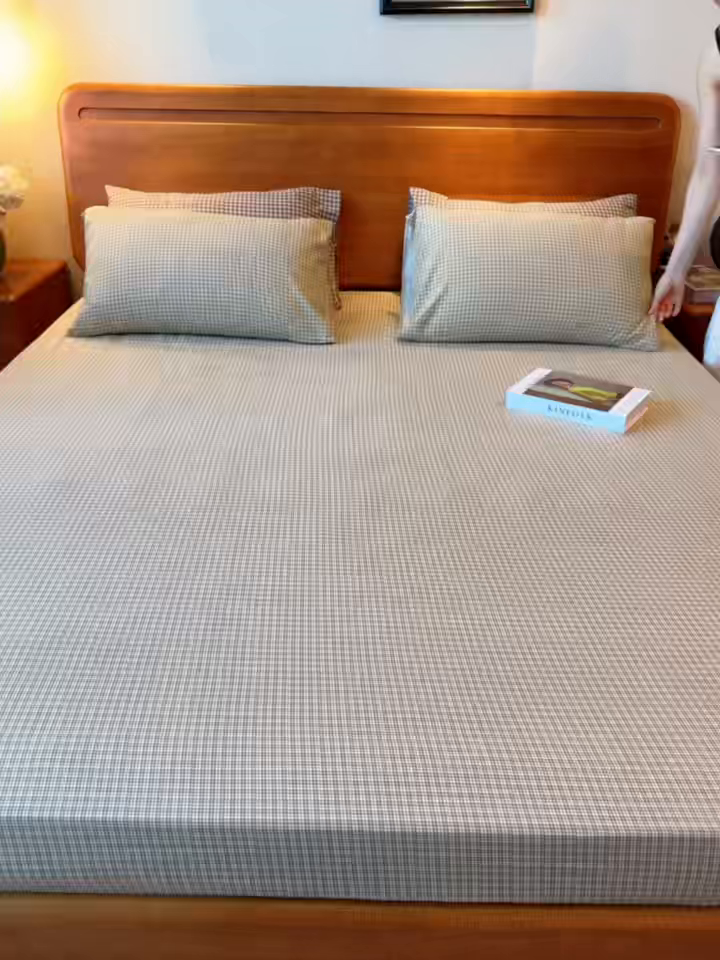 91家纺网 家纺一手货源 找家纺 兜米家居 2025新款简约轻氧水洗色织棉床笠 格纹绿