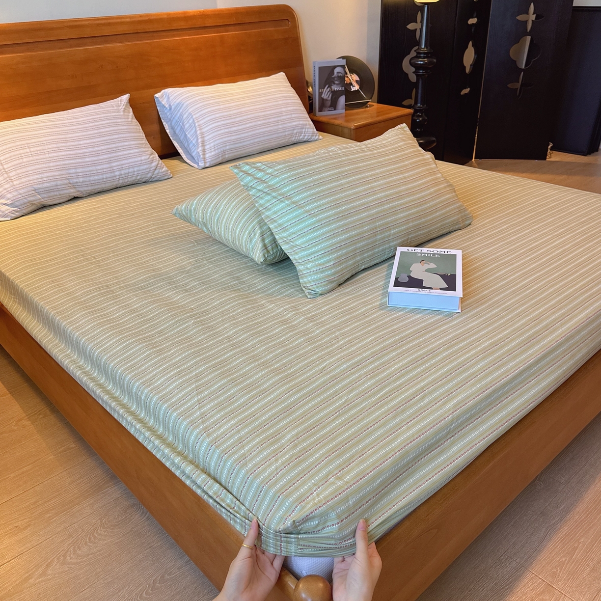 兜米家居 2025新款简约轻氧水洗色织棉床笠 条纹绿