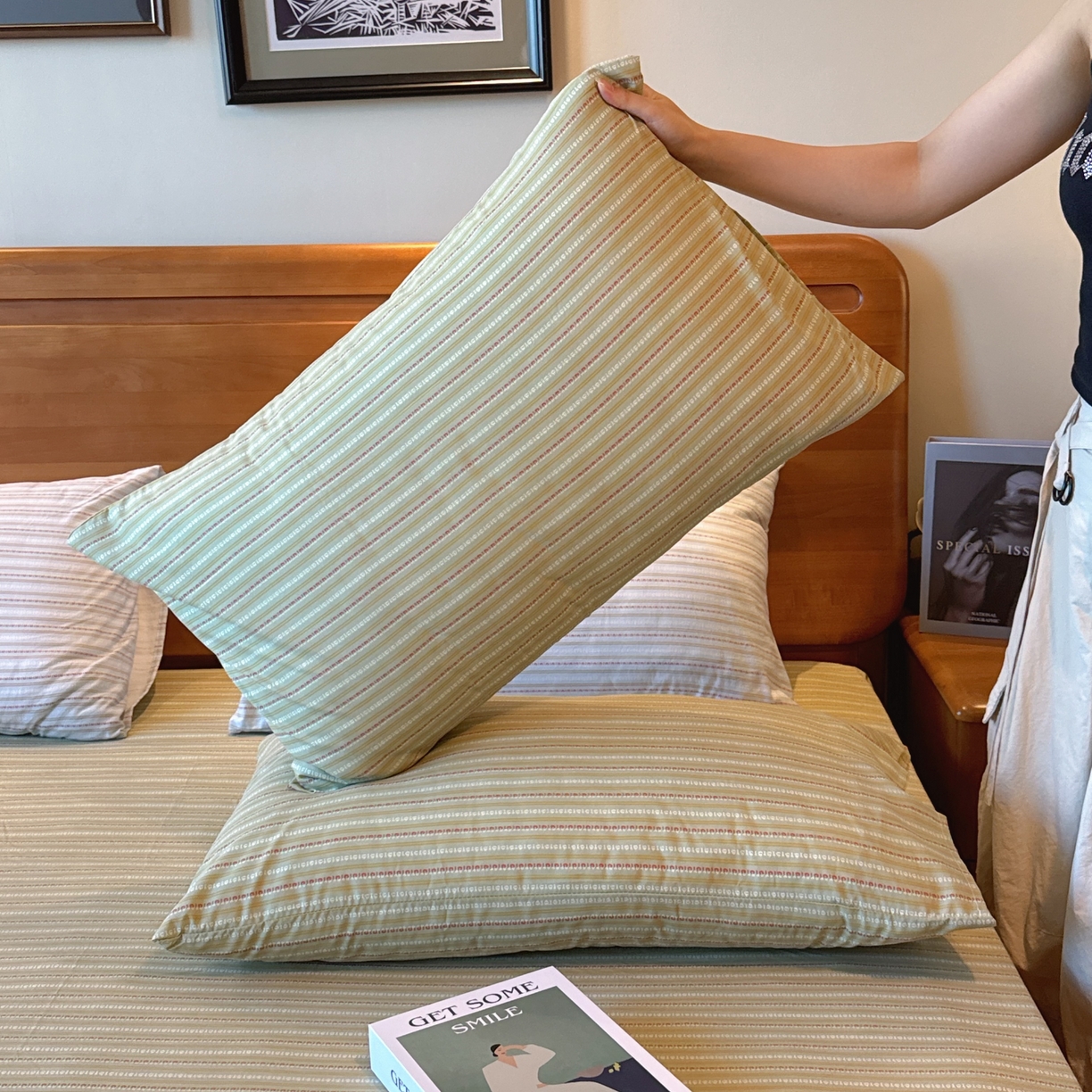 91家纺网 家纺一手货源 找家纺 兜米家居 2025新款简约轻氧水洗色织棉床笠 条纹绿