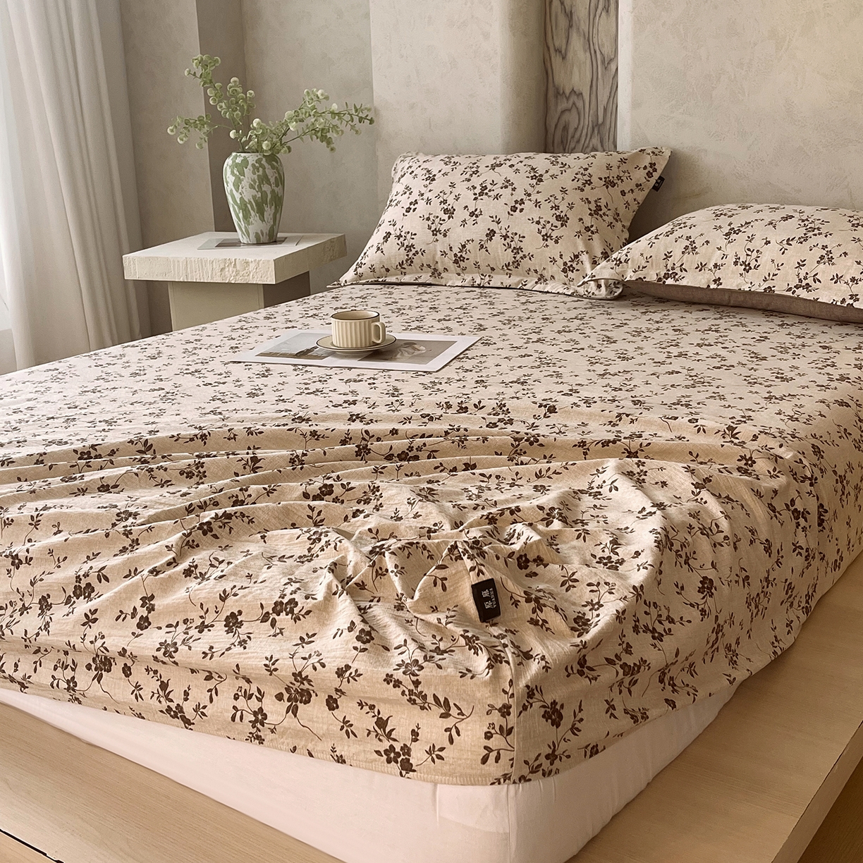 91家纺网 家纺一手货源 找家纺 宝士康家纺 2025新款10A抗菌原麻床笠套件/跨境/外贸 花枝漫天