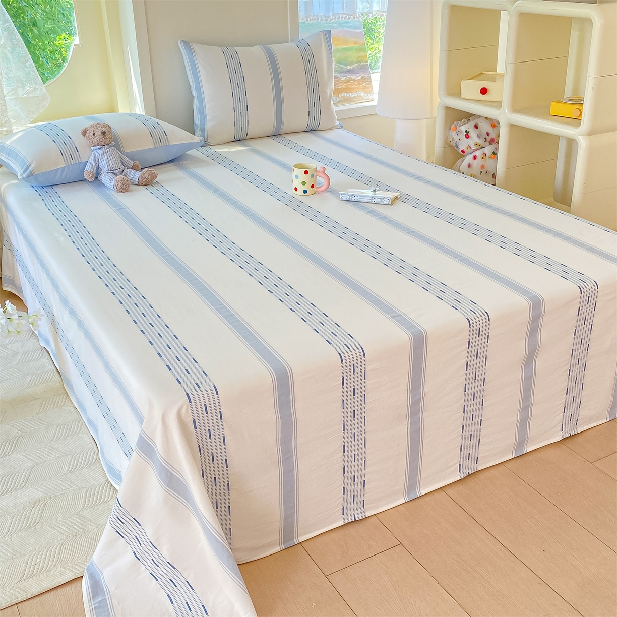 91家纺网 家纺一手货源 找家纺 灰鲸 2025新款全棉色织提花单品床单 素瑾-蓝