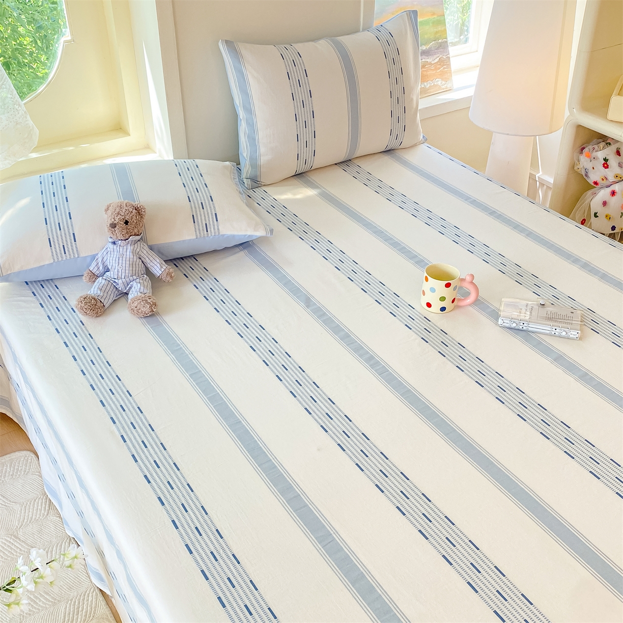 91家纺网 家纺一手货源 找家纺 灰鲸 2025新款全棉色织提花单品床单 素瑾-蓝