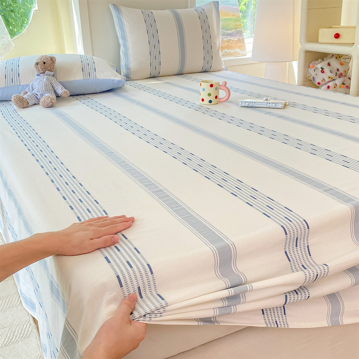 91家纺网 家纺一手货源 找家纺 灰鲸 2025新款全棉色织提花单品床单 素瑾-蓝