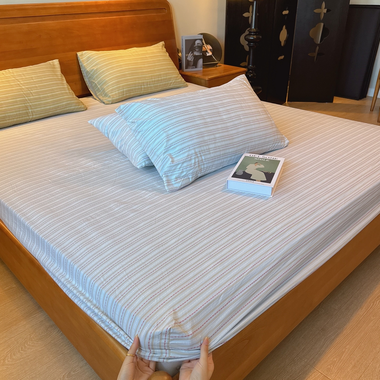 兜米家居 2025新款简约轻氧水洗色织棉床笠 条纹浅蓝