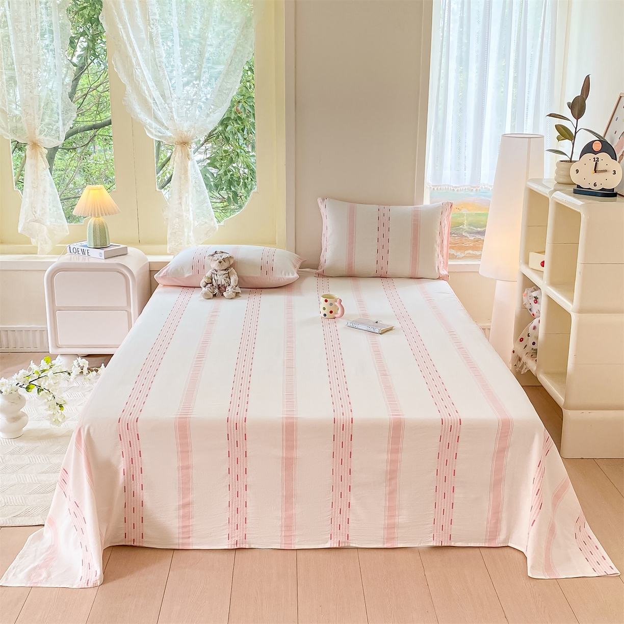 91家纺网 家纺一手货源 找家纺 灰鲸 2025新款全棉色织提花单品床单 素瑾-粉