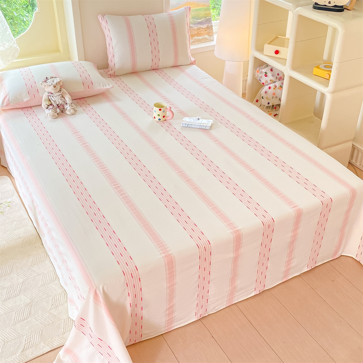 91家纺网 家纺一手货源 找家纺 灰鲸 2025新款全棉色织提花单品床单 素瑾-粉