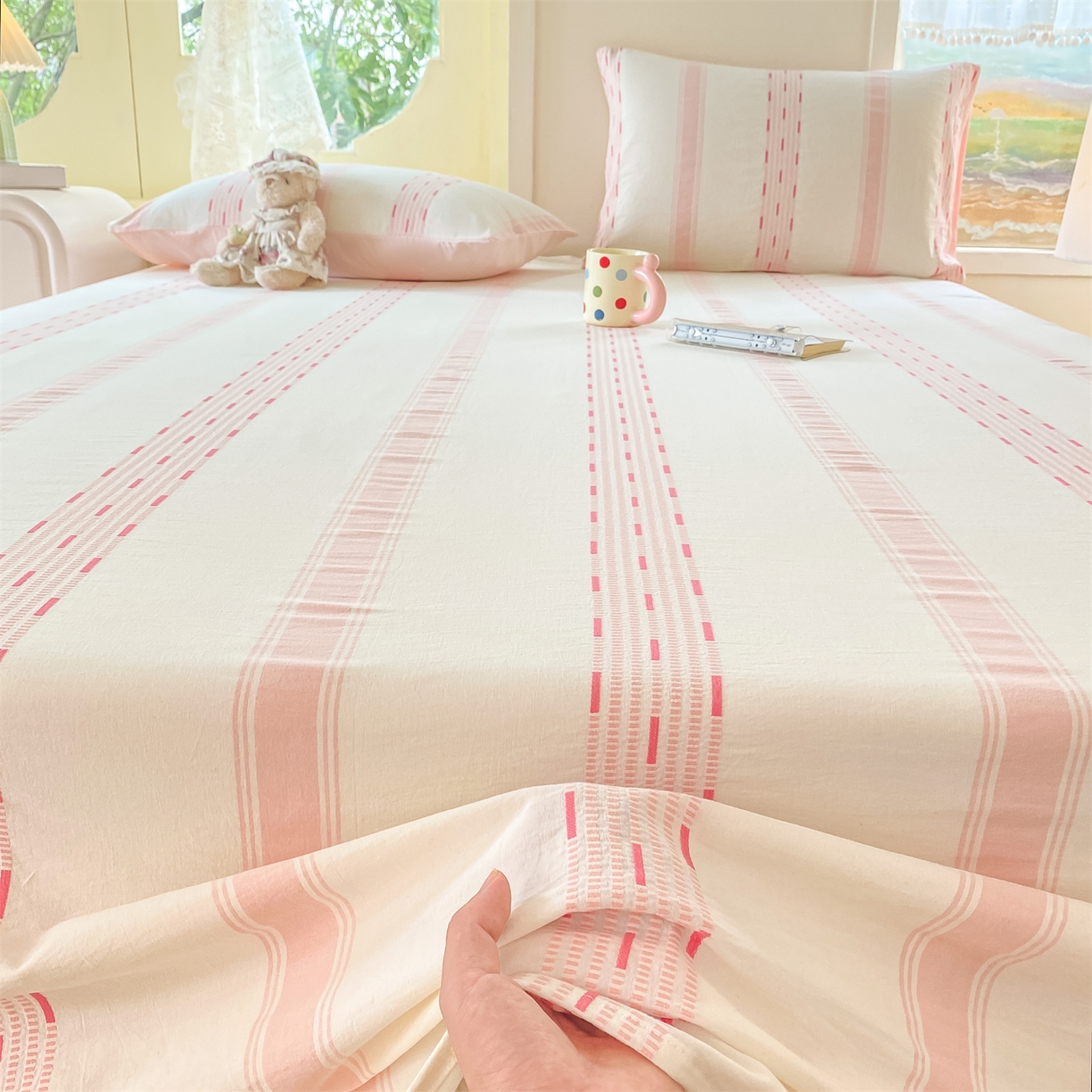 91家纺网 家纺一手货源 找家纺 灰鲸 2025新款全棉色织提花单品床单 素瑾-粉