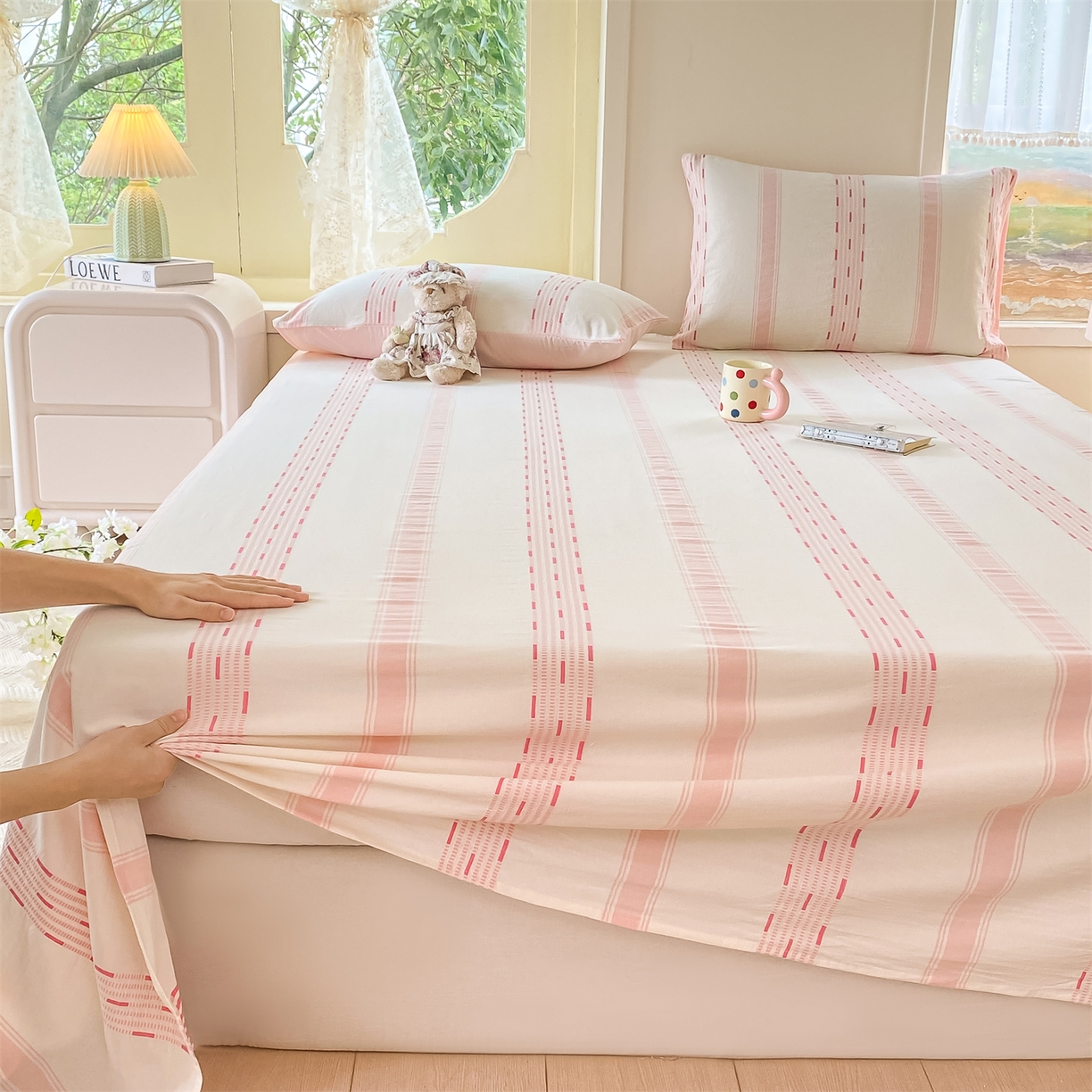 91家纺网 家纺一手货源 找家纺 灰鲸 2025新款全棉色织提花单品床单 素瑾-粉