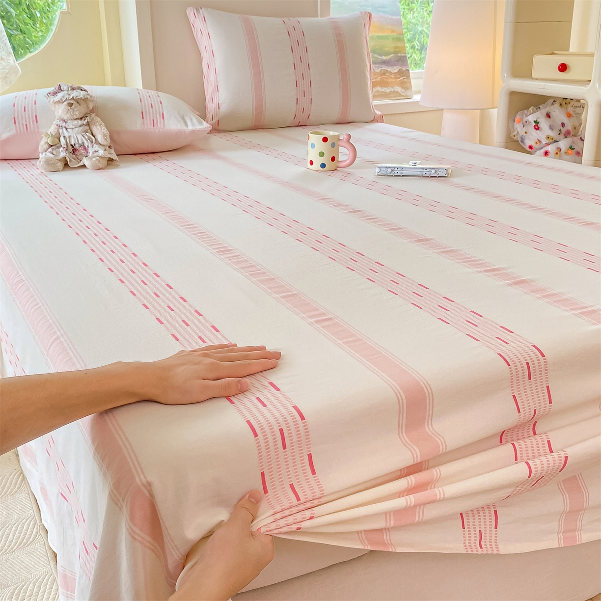 91家纺网 家纺一手货源 找家纺 灰鲸 2025新款全棉色织提花单品床单 素瑾-粉