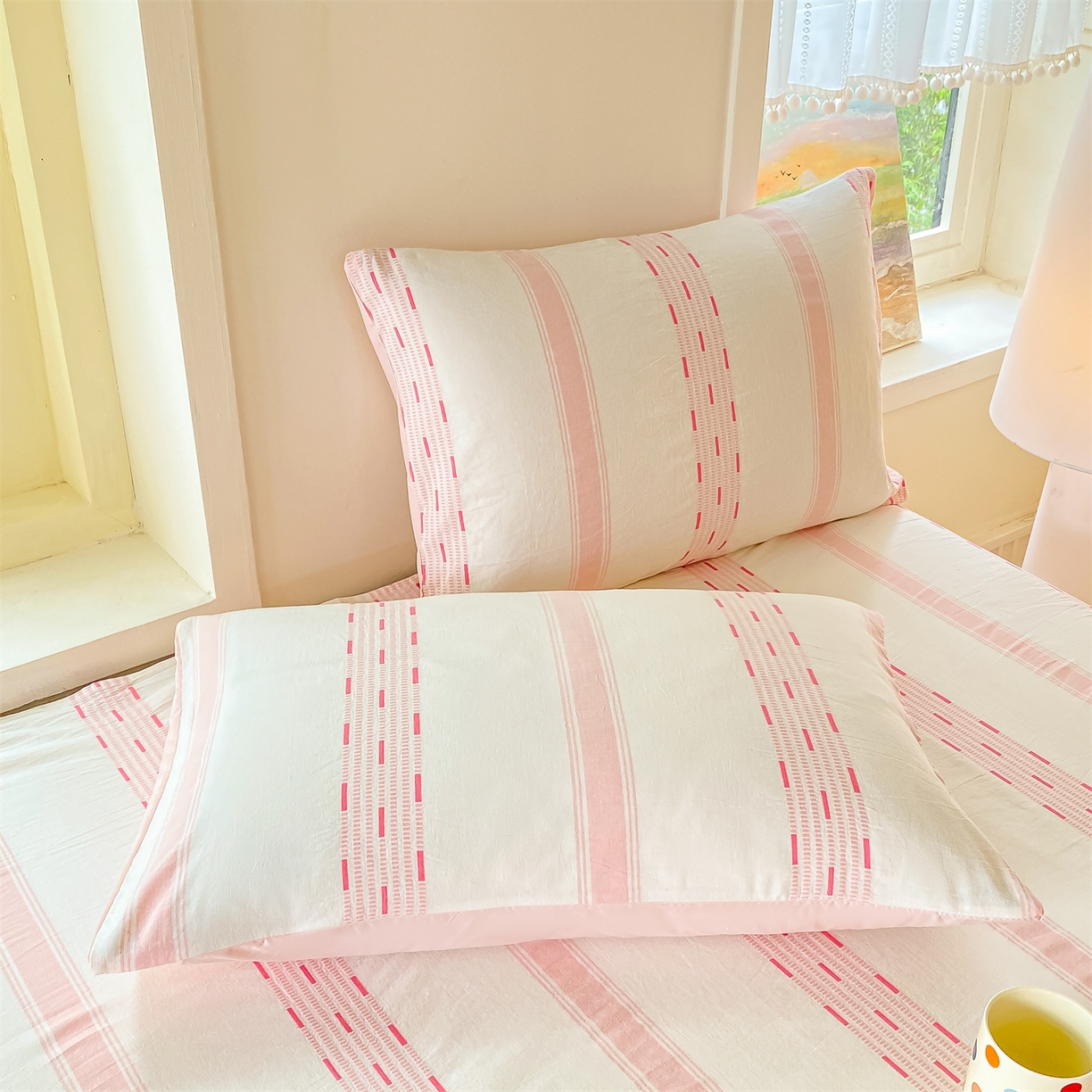 91家纺网 家纺一手货源 找家纺 灰鲸 2025新款全棉色织提花单品床单 素瑾-粉