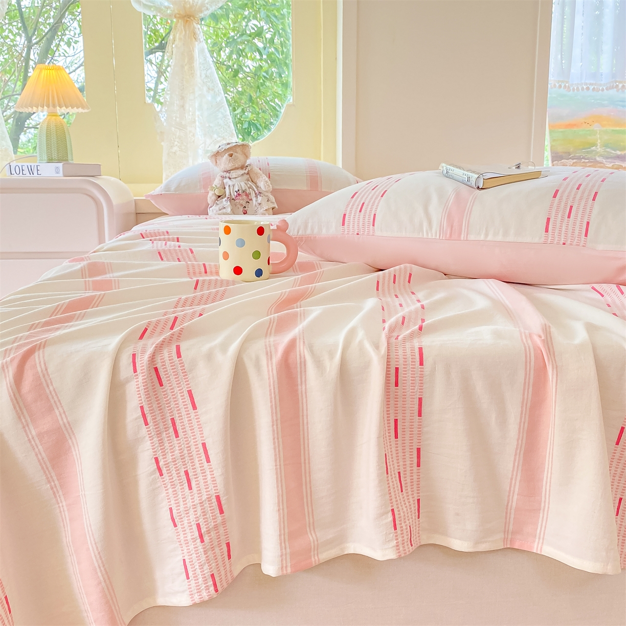 91家纺网 家纺一手货源 找家纺 灰鲸 2025新款全棉色织提花单品床单 素瑾-粉