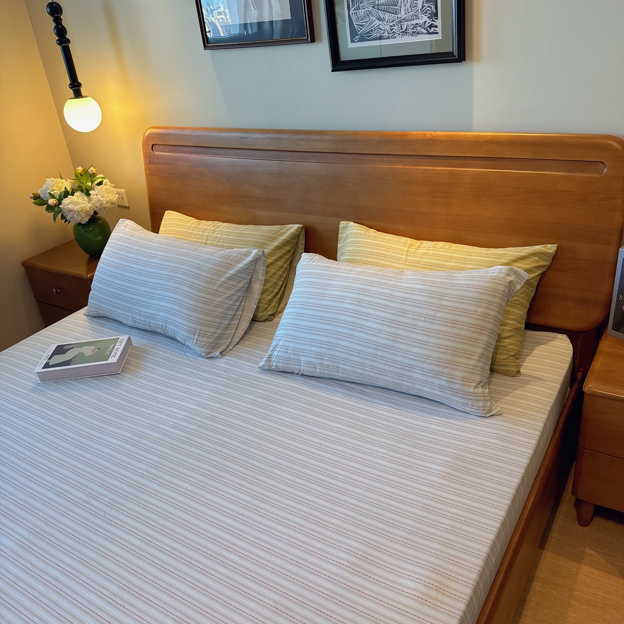 91家纺网 家纺一手货源 找家纺 兜米家居 2025新款简约轻氧水洗色织棉床笠 条纹浅蓝