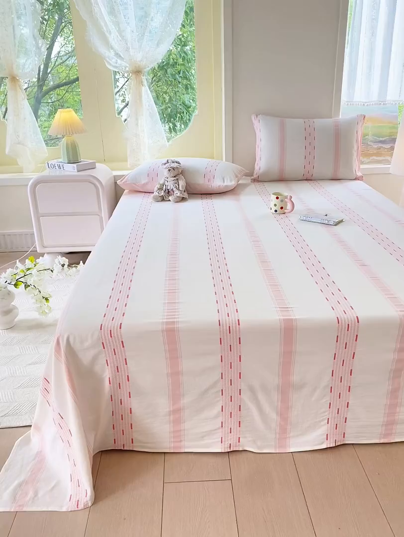 91家纺网 家纺一手货源 找家纺 灰鲸 2025新款全棉色织提花单品床单 素瑾-粉