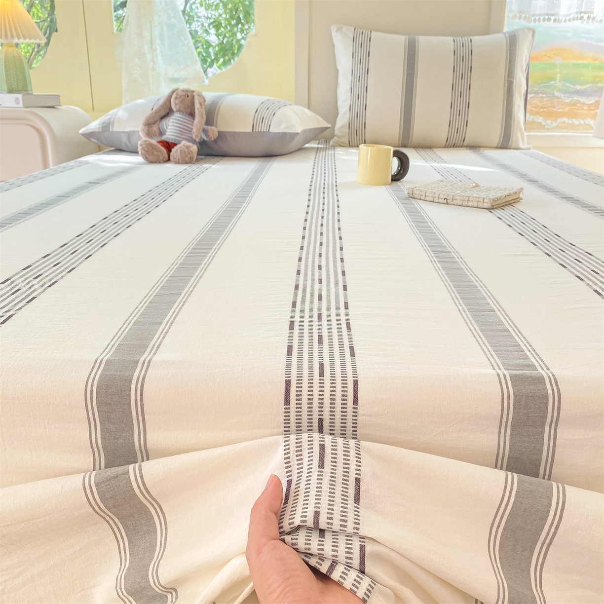 91家纺网 家纺一手货源 找家纺 灰鲸 2025新款全棉色织提花单品床单 素瑾-灰