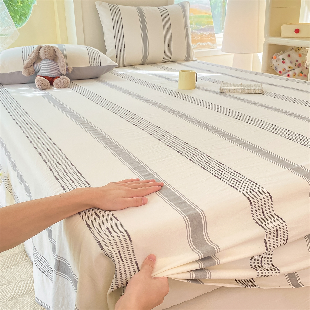 91家纺网 家纺一手货源 找家纺 灰鲸 2025新款全棉色织提花单品床单 素瑾-灰