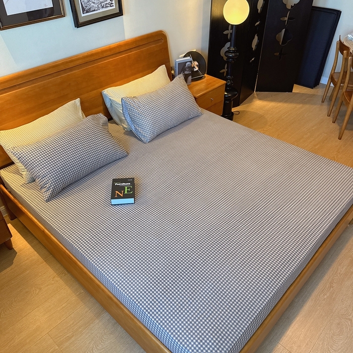 91家纺网 家纺一手货源 找家纺 兜米家居 2025新款简约轻氧水洗色织棉床笠 小格灰