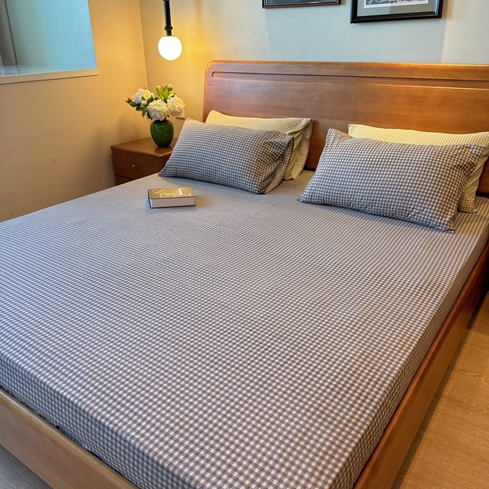 91家纺网 家纺一手货源 找家纺 兜米家居 2025新款简约轻氧水洗色织棉床笠 小格灰