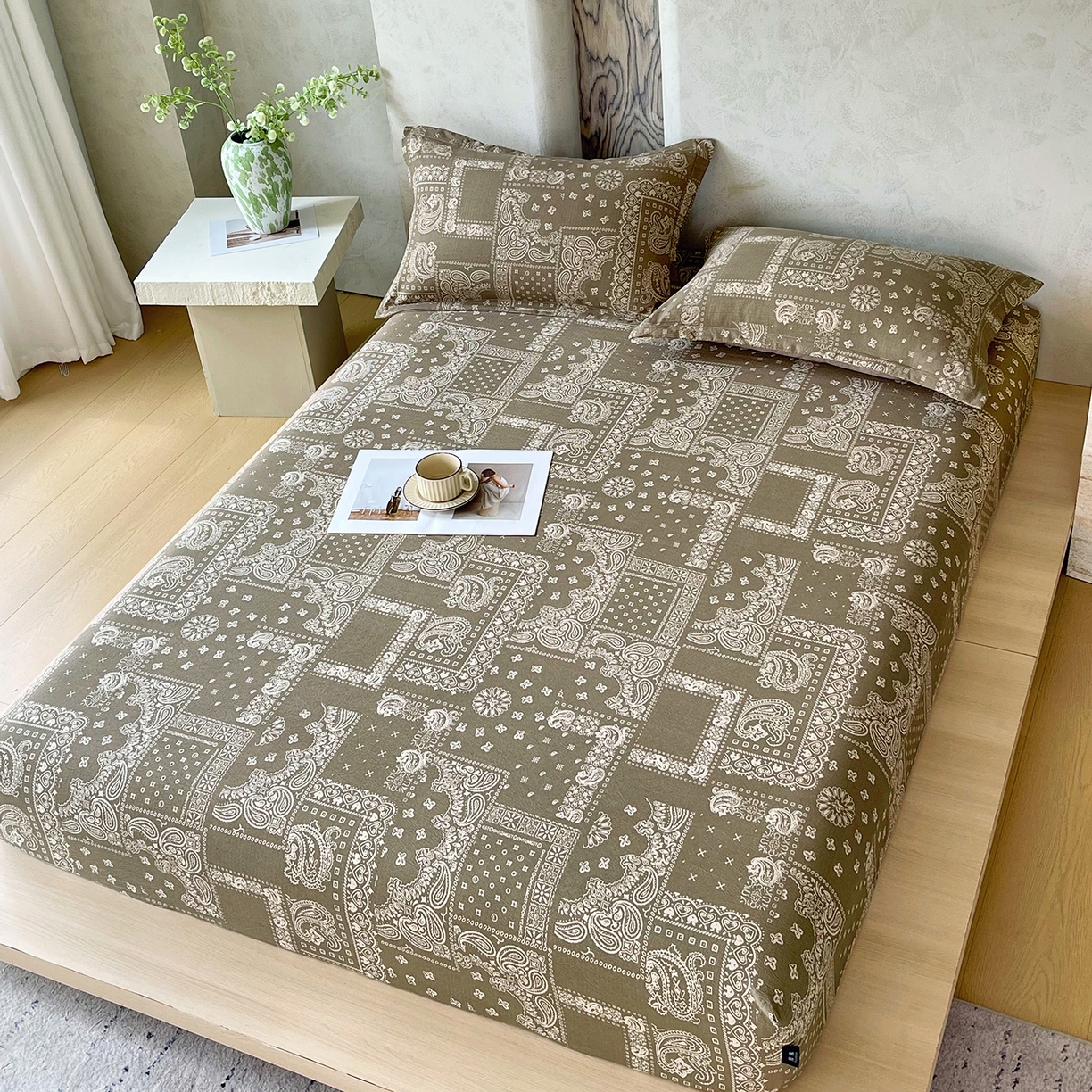 91家纺网 家纺一手货源 找家纺 宝士康家纺 2025新款10A抗菌原麻床笠套件/跨境/外贸 墨染芳华