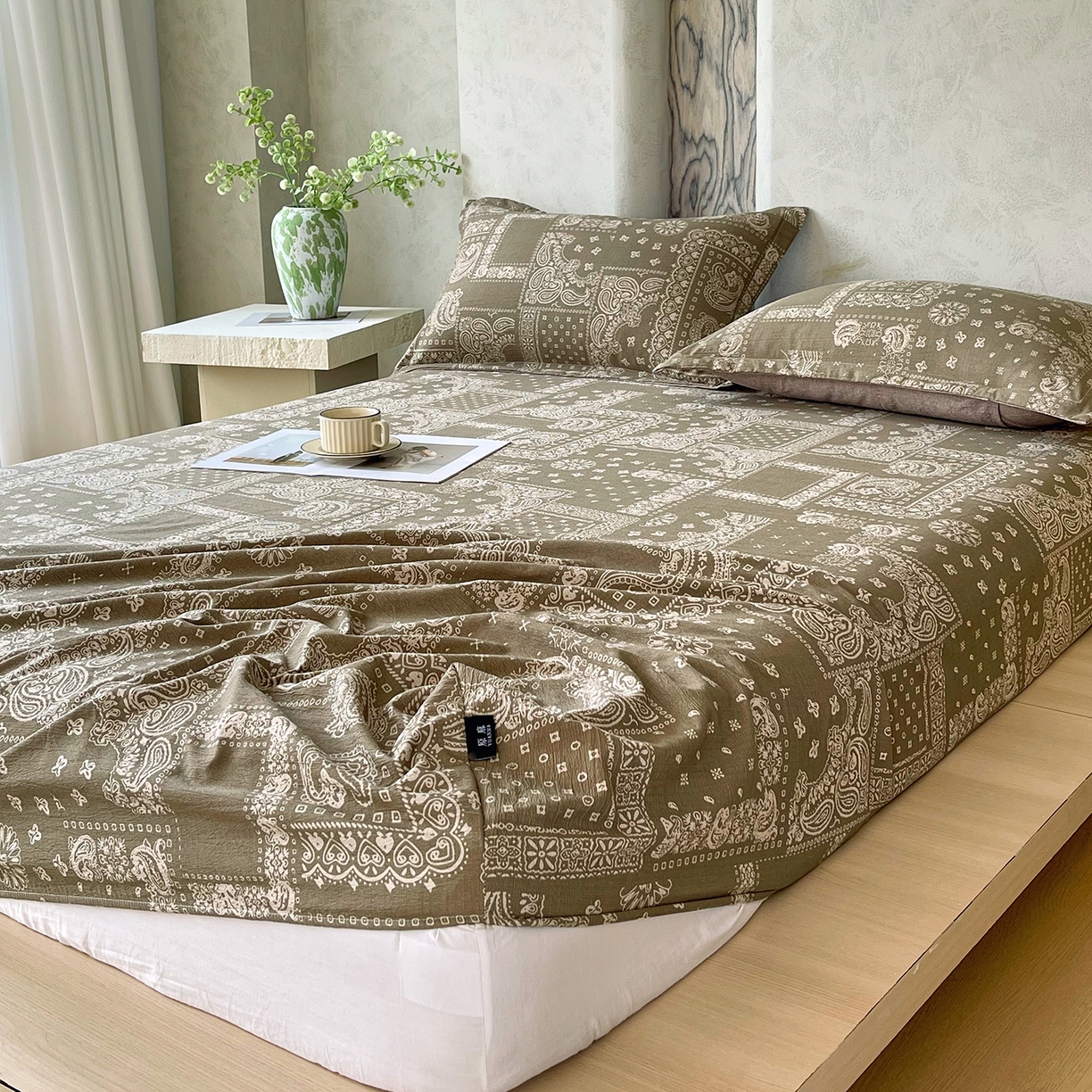 91家纺网 家纺一手货源 找家纺 宝士康家纺 2025新款10A抗菌原麻床笠套件/跨境/外贸 墨染芳华