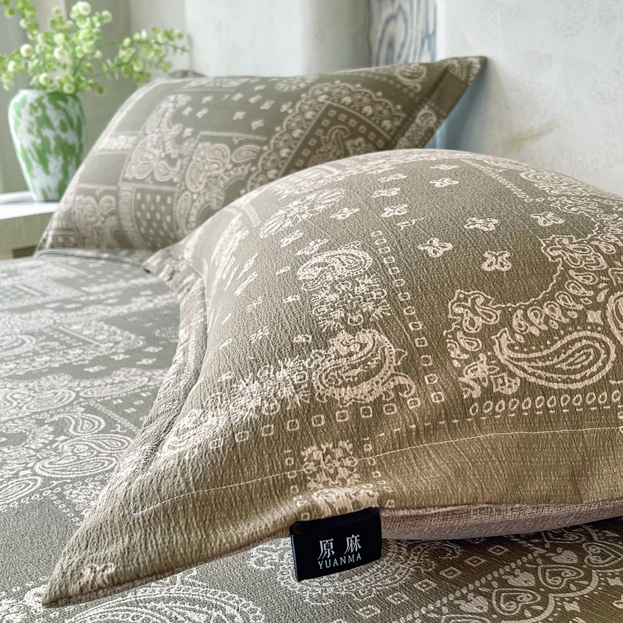 91家纺网 家纺一手货源 找家纺 宝士康家纺 2025新款10A抗菌原麻床笠套件/跨境/外贸 墨染芳华