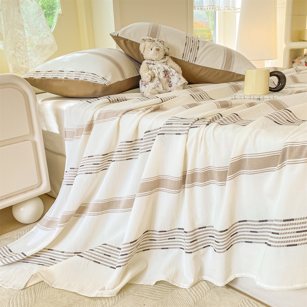 91家纺网 家纺一手货源 找家纺 灰鲸 2025新款全棉色织提花单品床单 素瑾-咖