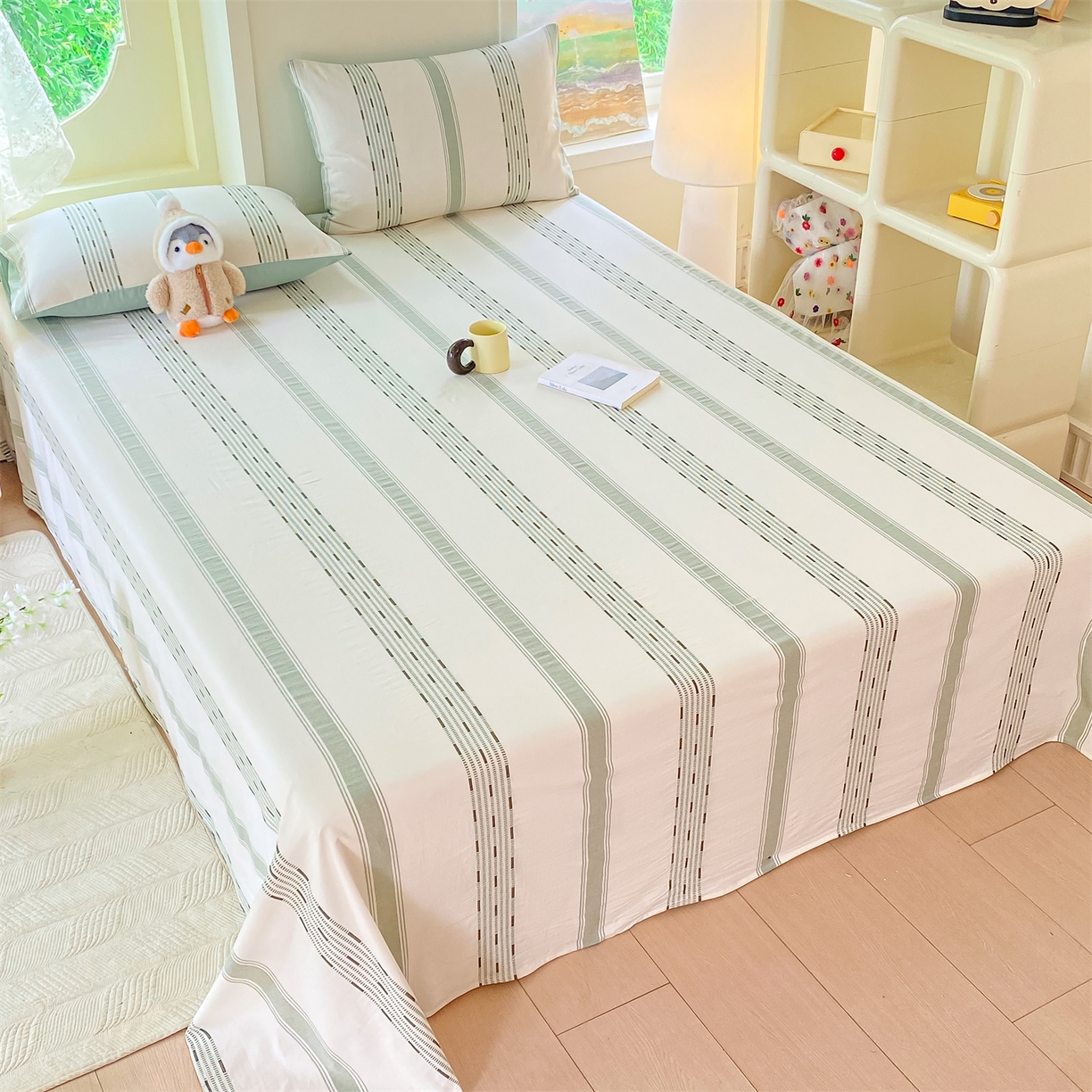 91家纺网 家纺一手货源 找家纺 灰鲸 2025新款全棉色织提花单品床单 素瑾-绿