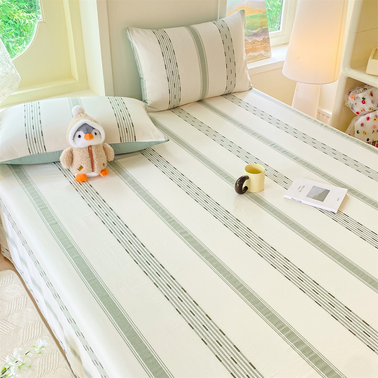 91家纺网 家纺一手货源 找家纺 灰鲸 2025新款全棉色织提花单品床单 素瑾-绿