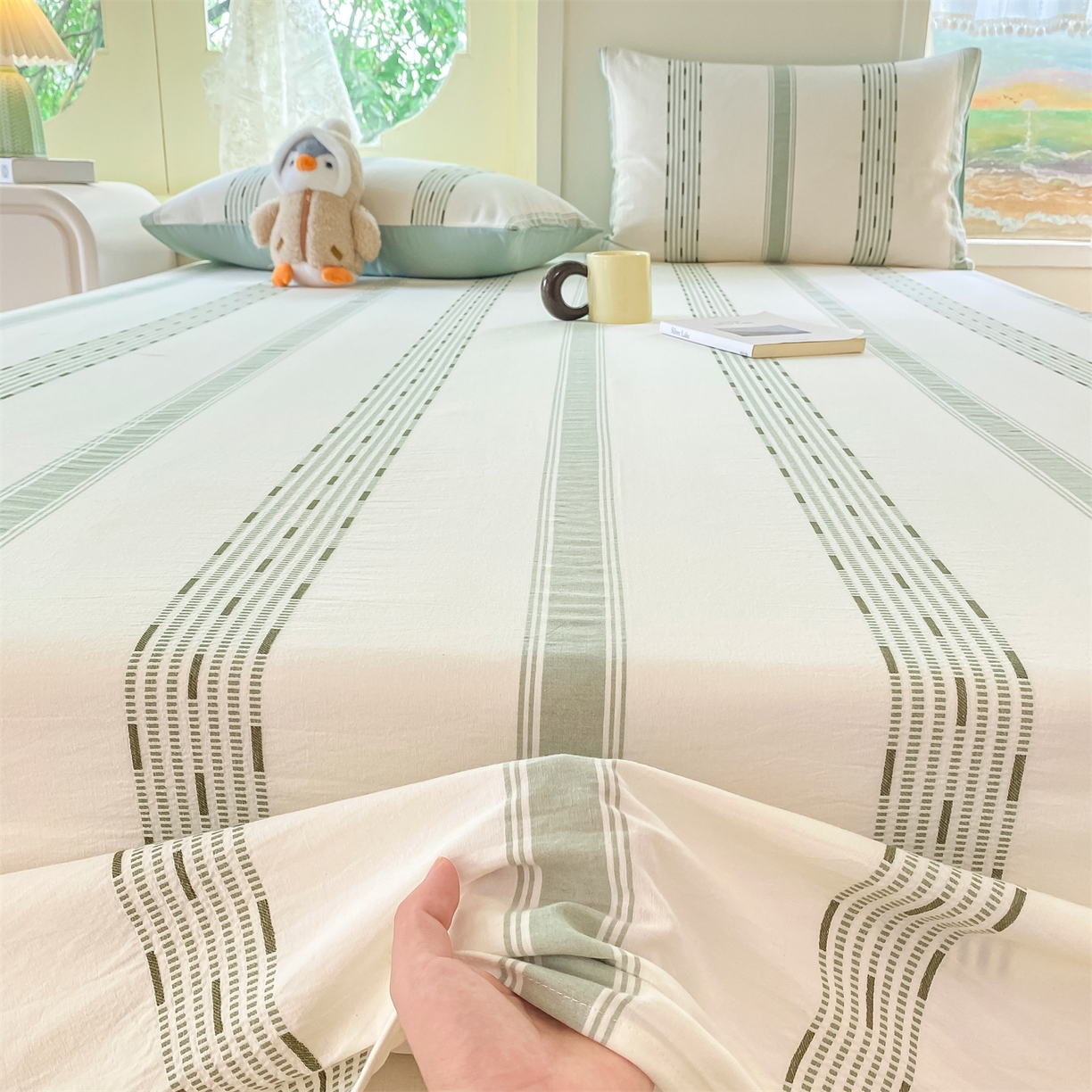 91家纺网 家纺一手货源 找家纺 灰鲸 2025新款全棉色织提花单品床单 素瑾-绿