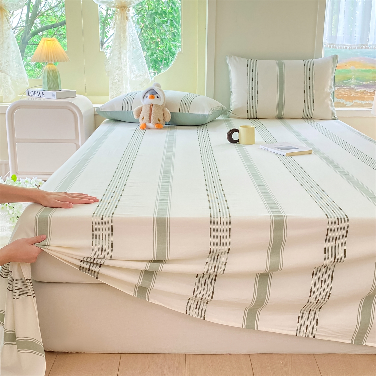 91家纺网 家纺一手货源 找家纺 灰鲸 2025新款全棉色织提花单品床单 素瑾-绿