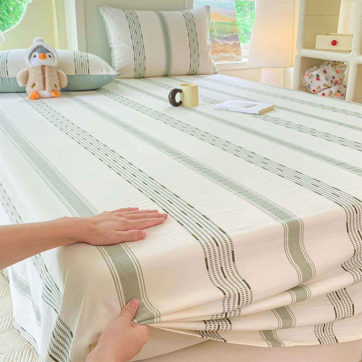 91家纺网 家纺一手货源 找家纺 灰鲸 2025新款全棉色织提花单品床单 素瑾-绿