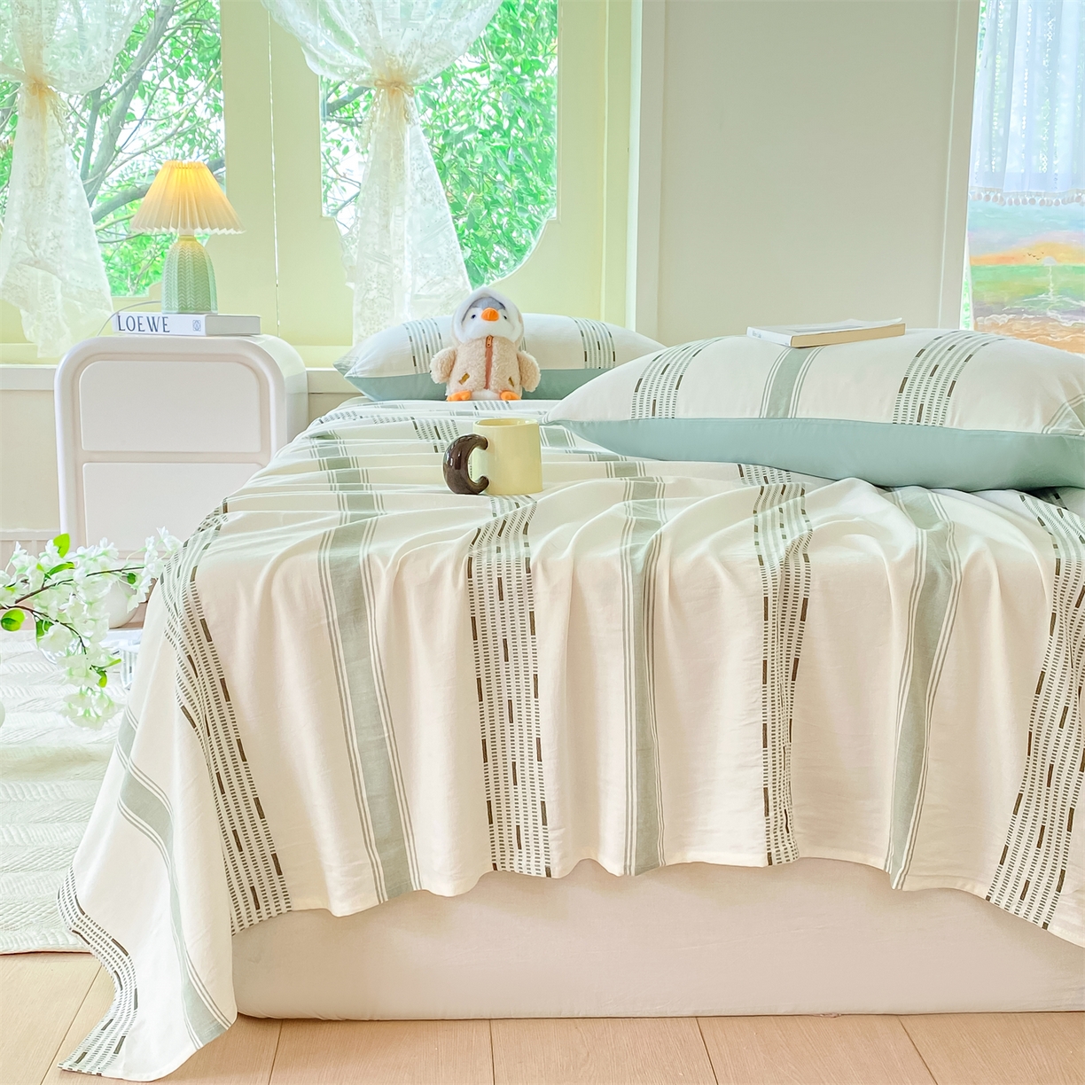 91家纺网 家纺一手货源 找家纺 灰鲸 2025新款全棉色织提花单品床单 素瑾-绿