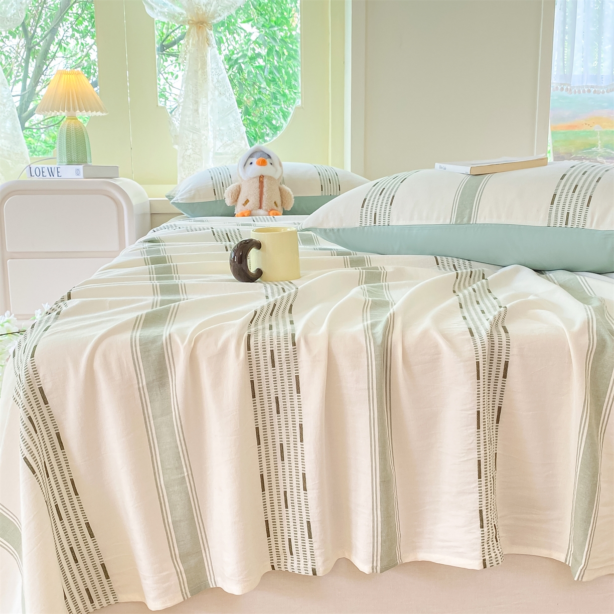 91家纺网 家纺一手货源 找家纺 灰鲸 2025新款全棉色织提花单品床单 素瑾-绿