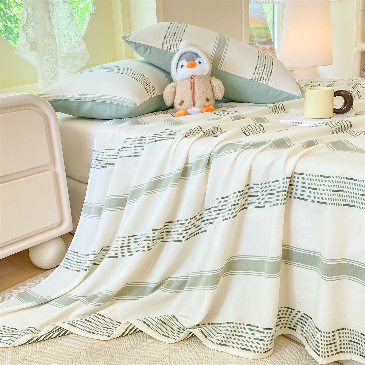 91家纺网 家纺一手货源 找家纺 灰鲸 2025新款全棉色织提花单品床单 素瑾-绿