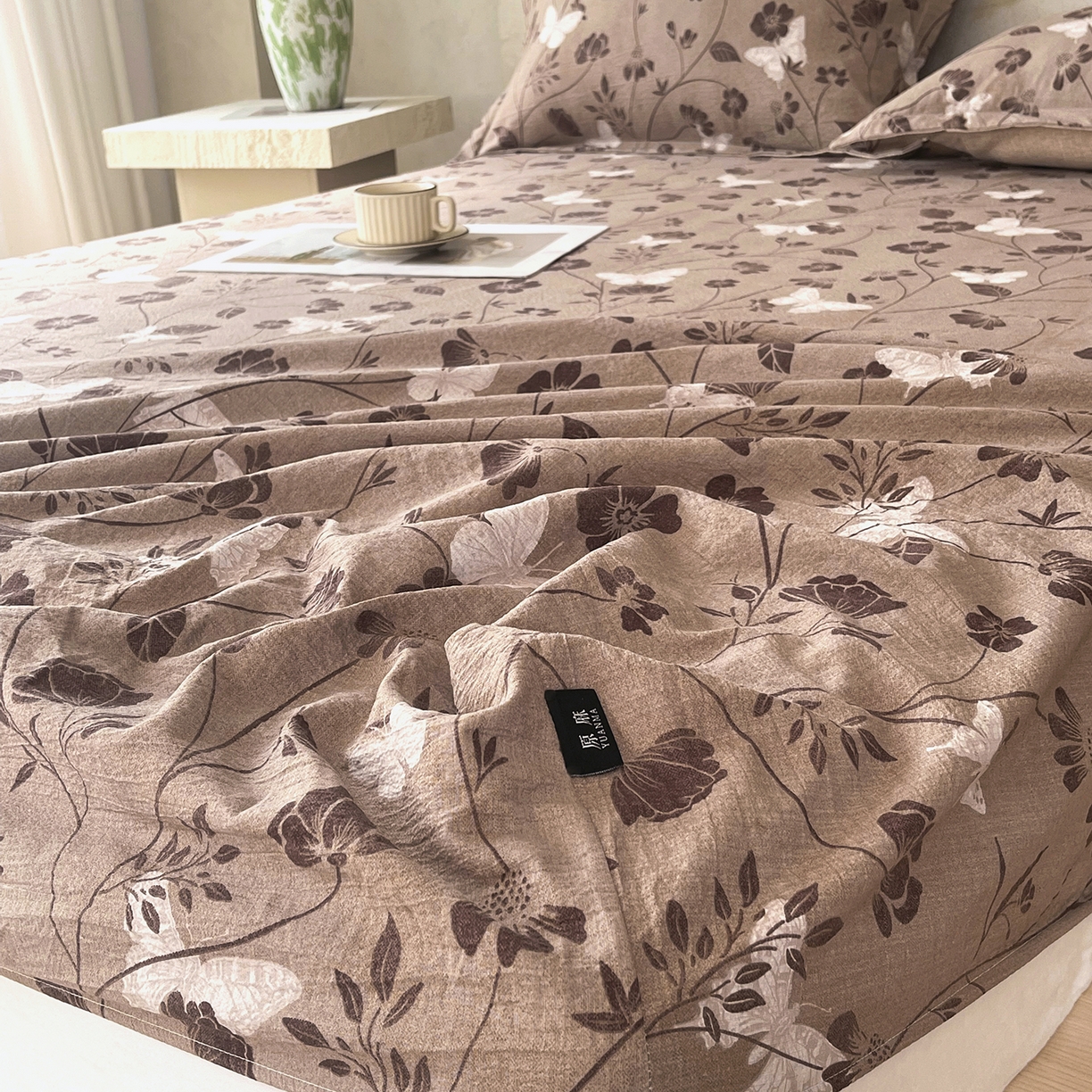 91家纺网 家纺一手货源 找家纺 宝士康家纺 2025新款10A抗菌原麻床笠套件/跨境/外贸 秋风落叶