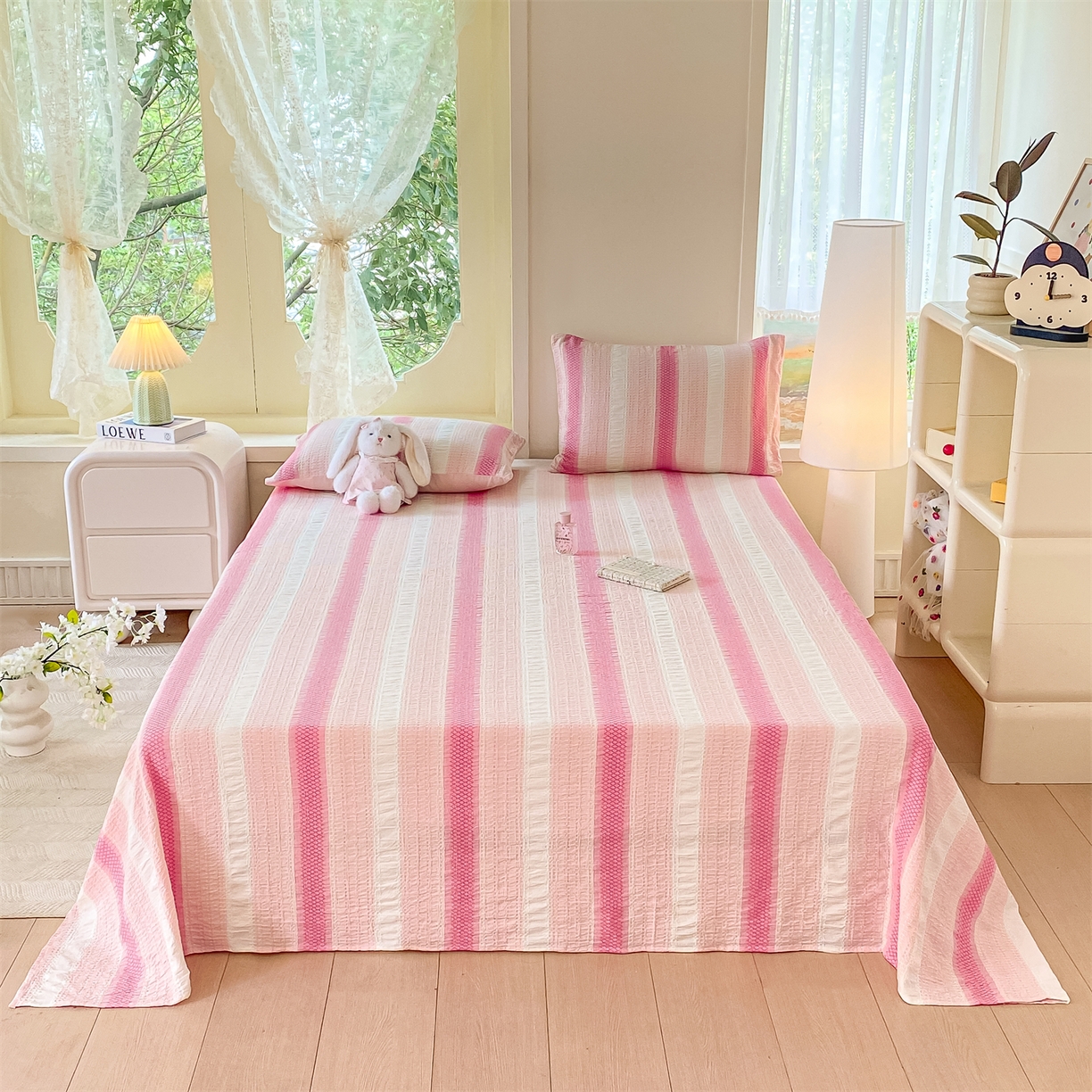 91家纺网 家纺一手货源 找家纺 灰鲸 2025新款全棉色织提花单品床单 泛歌-粉