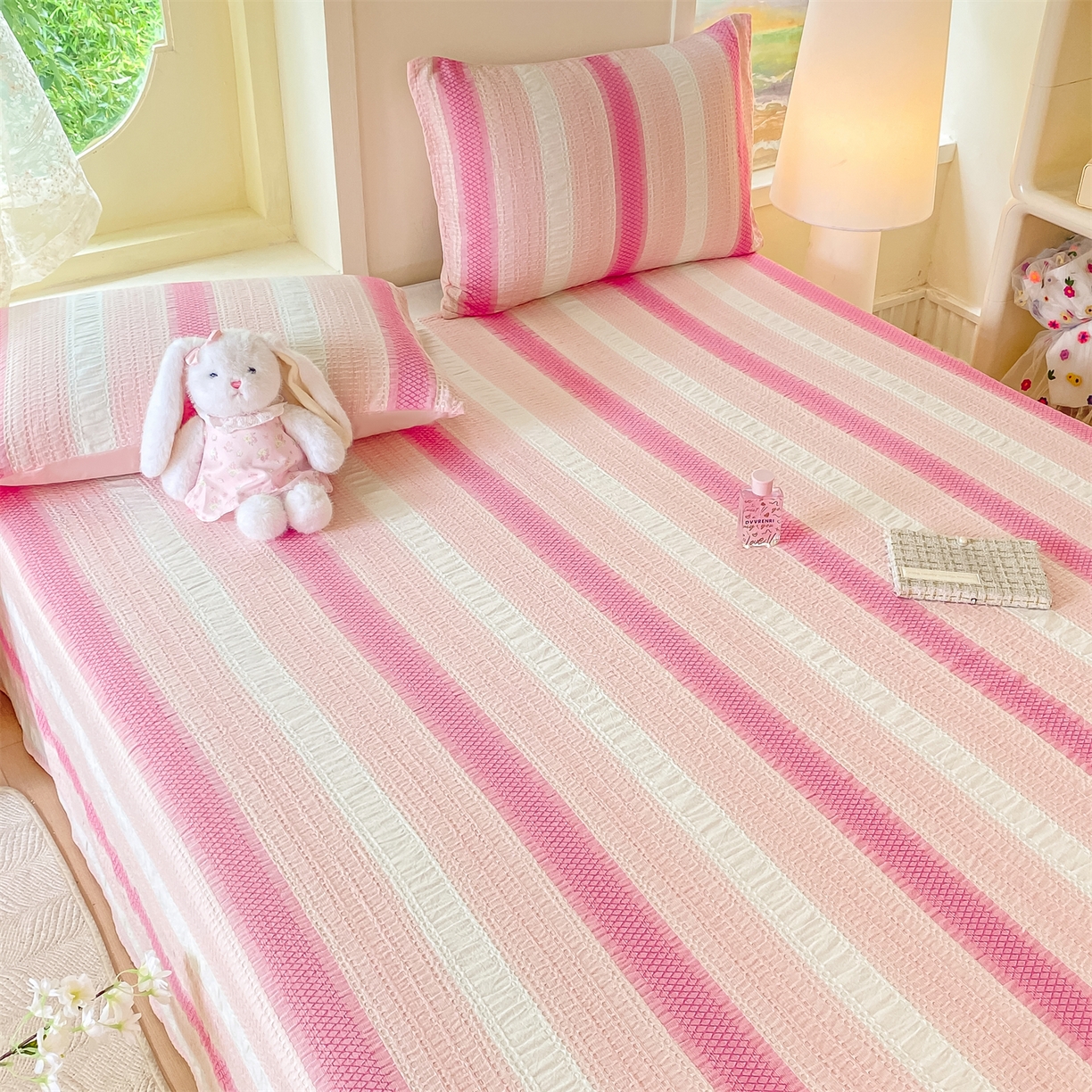 91家纺网 家纺一手货源 找家纺 灰鲸 2025新款全棉色织提花单品床单 泛歌-粉